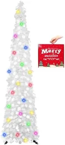 MACTING Pop Up Christmas Tree with 50 LED Lights 5FT White Collapsible Easy-Assembly Coastal Glitter Tinsel Pencil Tree for Porch Apartment Corner Home Party Indoor Outdoor Mothers Day Decorations