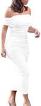 GOBLES Women's Ruched Off Shoulder Short Sleeve Bodycon Midi Elegant Cocktail Party Dress, White, Large