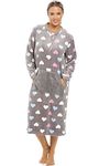 Camille Women's Super Soft Fleece Lounger- Multi Coloured Heart Print Button Bathrobe - Long Sleeved and Centre Front Pocket for Ultimate Comfort & Warmth Grey 14-16