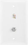 Cmple - Combo Phone/Video Jack Plate, Single Gang F-Type Coaxial TV Cable and 6P4C RJ11 Telephone Jack Wall Plate, White