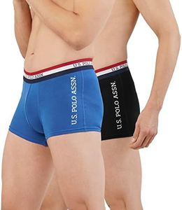 U.S. POLO ASSN. Men's Poly Cotton Striped Waistband Antibacterial Et002 Trunks - Pack of 2 (Black/True Blue M)