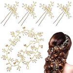 SNOWIE SOFT Bride Hair Pins Floral Hair Vine 5Pcs Set, Pearl Crystal Bridal Hair Accessories For Women Bridesmaids Wedding Anniversary Hair Piece (Gold)