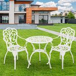 Withniture Patio Bistro Set 3 Piece Cast Aluminum Outdoor Bistro Set, Rust Resistance Bistro Table and Chairs of 2 with Umbrella Hole, Small Patio Set for Garden Outside, White