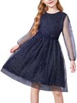 Arshiner Girls Sparkle Mesh Long Sleeve Tulle Daddy Daughter Dance Porm Graduation Dresses Navy Blue Fall Kids Clothes 16