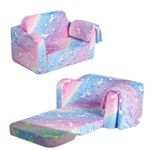 MeMoreCool Kids Couch, Folding Kids Sofa Bed, Toddler Armchair Chair Sofa, Soft Plush Fold Out Kids Sofa Glow in The Dark, Comfy Baby Recliner for Girls Boys, Glowing Unicorn