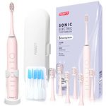 PERECT Ultrasonic Electric Toothbrush Adults with 6 Brush Heads, 5 Modes Electric Toothbrush, Travel Rechargeable Power Toothbrush with Smart Timer &Travel Case & Soft Picks, IPX7 Waterproof, Pink