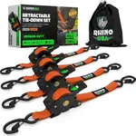 Rhino USA Retractable Ratchet Tie Down Straps (4PK) - 1,209lb Max Break Strength, Includes (4) Ultimate 1" x 10' Autoretract Downs with Padded Handles