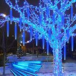 PEMOTech Christmas Lights Outdoor, 16 Tubes Meteor Shower Lights 16 inch 576 LED 49.4 ft Snow Falling Lights Icicle Cascading String Lights for Christmas Decoration Tree Party, UL Plug, Blue