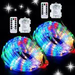 JMEXSUSS 2 Pack Battery Operated Rope Lights Outdoor Waterproof, Total 200LED 66ft 8 Mode/Remote Battery Powered Christmas String Lights, Trampoline Lights for Camping Canopy Deck Decor (Multicolor)