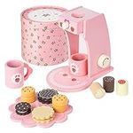 Brite Tools Wooden Coffee Maker Toy with Cookie Tray Espresso Pastel Pink Machine Playset Pretend Play Kitchen Food Accessories Set Montessori Toddlers Kids Ages 3+ Gifts for Girls and Boys