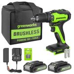 Greenworks 24V Brushless Cordless Drill Kit, 310 in./lbs, 18+1 Position Clutch, 1/2 '' Keyless Chuck, Variable Speed, (2)2Ah Batteries with 2A Charger, LED Light, 8pcs Drill Bits with Tool Bag