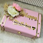 Happy Birthday Decorative Trunk Box with Scrunchie Hamper (Engineeredwood, 10X7X3.5 inch) (Pink)