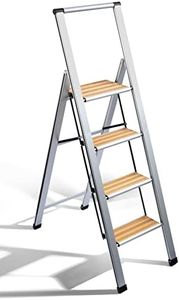 Step Ladder 4 Step Folding, Decorative - Beautiful Bamboo & Silver Aluminum, Ultra Slim Profile, Anti Slip Steps, Sturdy-Portable for Home, Office, Kitchen, Photography Use,by SORFEY