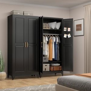 UNICOLY Armoire Wardrobe Closet with Doors, 71'' Wardrobe Cabinet with Hanging Rod, Metal Closet with 2 Adjustable Shelves for Bedroom School, Employee, Gym, Armarios De Ropa para Dormitorio, Black
