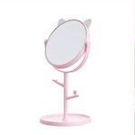 Agabani Glass Round Makeup Cosmetic Mirror Cute Cat Ears Shape Makeup Mirror For Bathroom Or Bedroom With 180 Degree Swivel (Pink 379, Framed, Tabletop Mount)