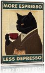 Vintage Black Cat Coffee Poster More Espresso Less Depresso Wall Sign Novelty Metal Tin Sign Home Vintage Art Decor Iron Painting 6X8 Inch