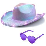 Cowboy Hat Women Sparkly Cowgirl Hats Space Neon Glitter Light Up Hats with Heart Glasses Fancy Metallic Holographic Disco Halloween Birthday Bachelorette Party (Purple)