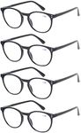 Kerecsen 4 Pack Retro Round Reading Glasses Men Women Spring Hinges Lightweight Quality Readers, 4 Pack Black, +2.0 Magnification