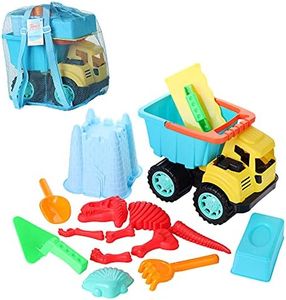 Dazmers Beach Sand Toys Set with Dump Truck Toy, Castle Bucket, Shovel, Dinosaur and Brick Molds, in Drawstring Bag, Outdoor Sandbox Toys Tool Kit for Kids, Toddlers, Boys and Girls (11 Pieces)