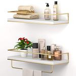 SHARIO White Floating Shelves - Set of 2, Wall Mounted Hanging Shelves with Golden Towel Rack, Decorative Storage Shelves for Bathroom, Kitchen, Living Room & Bedroom (White) (Cedar)