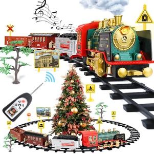 Remote Control Train Set,Sound and Lights Smoke Steam Locomotive Engine Train with Railway Kits,Traffic Sign,Christmas Tree for 3 4 5 6 7 8+ Year Old Kid