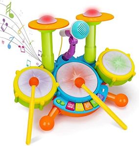 Basytodio Kids Drum Set Musical Toys for Toddlers 1-3 with 2 Sticks Microphone Instruments Piano Light Up 1 Year Old Boy Girl Gifts 6 12 18 Month Learning Developmental Toddler Age 2-4 Birthday Gift