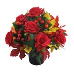 Artificial flowers in Grave pot, 25cm with red roses - in warm autumn shades