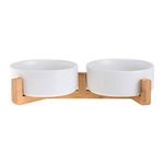 White Ceramic Cat Dog Bowl Dish with Wood Stand No Spill Pet Food Water Feeder Cats Small Dogs Set of 2