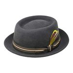 Borges & Scott Premium Defoe - Porkpie Hat with Removable Feather - 100% Wool Felt - Water Resistant - Crushable for Travel - Dark Grey 56cm