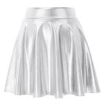 KAVUNEST Girl's Faux Leather Flared Skater Mini Skirt Shiny Metallic Stretch Waist Pleated Skirt for Kids & Teen & Toddler Silver, 11-12 Years