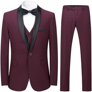Sliktaa Homme Costume Élégant 3 Pièces Rouge Tuxedo Slim Fit Classique d'affaires Mariage Bals Veste+Gilet+Pantalon,S,Rouge