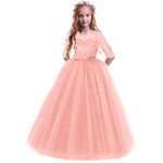 Kids Big Girls Bridesmaid Tulle Lace School Girls Elegant A Line Communion Ball Gown Dance Pageant Birthday Party Prom Evening Wedding Maxi Dress Floor Length 2-14 Years Pink-Rose Lace 7-8 Years