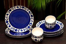 Freakway Hand-Painted Floral Ceramic Dinner Set of 12 Pcs | 6 Ceramic Dinner Plate and 6 Bowl/katori | Bone Ash Free | Microwave and Dishwasher Safe - Blue