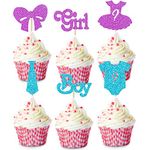 Gender Reveal Cake Toppers 24Pcs Boy or Girl Cupcake Toppers Glitter Baby Shower Cake Toppers Cute Glitter Cupcake Picks for Kids Birthday Baby Gender Reveal Cake Decorations Supplies