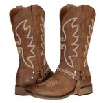 SheSole Ladies Fashion Strap Cowboy Boots for Women Square Toe Mid Calf Western Cowgirl Boots, Brown, 8