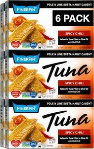 FinerFin Yellowfin Tuna In Organic Olive Oil – Spicy Chili Flavor (4.4oz can - 6 Pack); Premium Canned Fish with EVOO, Keto Friendly, Gourmet Ready-to-Eat Fillets, Wild-Caught