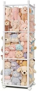 BENCHRY Stuffed Animal Storage Kids, Wood Stuffed Animal Zoo Storage with Brake Wheels, Stuffed Animal Organizer with Elastic Cords for Kids, Perfect for Nursery Playroom Kidroom Bedroom - White