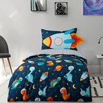 Sleepdown Dinospace Rocket Stars Navy Multi Reversible Duvet Cover Quilt Pillow Case Bedding Set Soft Easy Care - Single (135cm x 200cm)