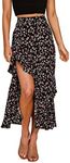 BTFBM Women 2025 Summer Spring Boho Long Skirts Dress Floral Print Elastic Waist Split Ruffle High Low Beach Maxi Skirt(Z-Black, Medium)