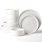Herogo 12 Piece Dinner Set, Stoneware Dinnerware Sets for 4 People, Reactive Glaze Dining Plates and Bowls, Microwave and Dishwasher Safe, Chip and Scratch Resistant, Elegant Speckled Pearl White