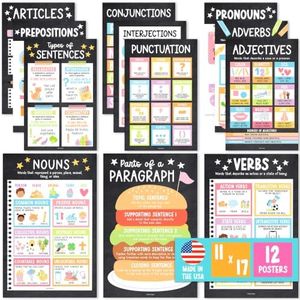 Parts of Speech Posters for Classroom Must Haves - 12 English Grammar Posters for Classroom, Writing Process Language Arts Elementary & Middle School, ELA 3rd 4th 5th Grade Chalkboard Classroom Decor