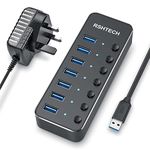 RSHTECH USB Hub Powered 7 Port USB 3.0 Data Hub Aluminum USB Extension Splitter with Individual On/Off Switch Universal AC to DC 5V Power Adapter (RSH-518)