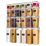 Airtight Food Storage Containers with Lids, Vtopmart 24 pcs Plastic Kitchen and Pantry Organization Canisters for Cereal, Dry Food, Flour and Sugar, Includes 24 Labels，Black