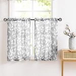 Grey White Kitchen Curtains 36" Short Café Curtain Set for Windows Leaf Print Tiers 2 Panels