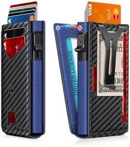 Ruiici Wallet for Men, Slim Minimalist Wallet with Money Clip&ID Window, RFID Blocking Pop-Up Credit Card Holder, Smart Auminum Mens Wallet Holds 9-13 Cards (Gift Box) (Carbon Fiber & Blue)