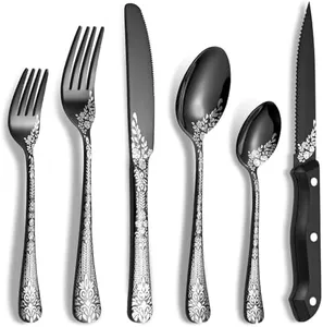 48-Piece Black Silverware Set with Steak Knife, Stainless Steel Flatware Cutlery Set Service for 8, Mirror Polished Tableware Eating Utensils Set for Home Kitchen, Dishwasher Safe