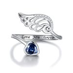 Birthstone Wing Rings Sterling Silver Adjustable Feather Heart Month Stone Wrap Ring Jewelry Gift for Women Girls Engrave Love you forever (Sept)