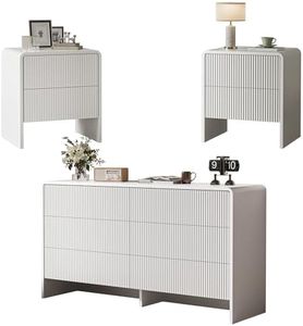 MAISONARIA 3-Piece Curved Dresser Bedroom Set, 6 Drawer Dresser & 2 Drawer Nightstands with Pop-up Design, Fluted Wood Chest of Drawers for Bedroom, Living Room, Entryway, White