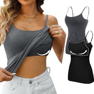 V FOR CITY Tank Top for Women Shelf Bras Camisole Cotton Yoga Cami Adjustable Spaghetti Strap Undershirts 2 Pack Black Gray