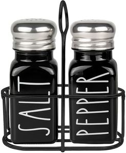 Black Salt and Pepper Shakers Set with Holder by Brighter Barns - Cute Salt Shaker with Caddy - Farmhouse Kitchen Decor for Dining Table Centerpiece, Gothic or Halloween Home Decor, Restaurant (Black)